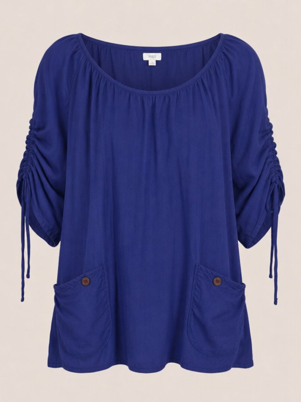 Odille Anthropolgie Royal Blue Casual Cinched Sleeve Tunic Top Size Small
